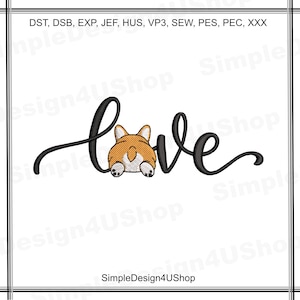 Könnte beinhalten: Stickerei des Wortes "love" in schwarzer Kursivschrift mit einem Cartoon-Corgi-Hund, der hinter dem "o" hervorlugt.