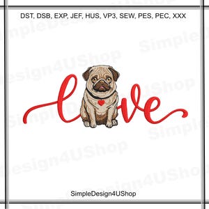 May include: Red cursive text that says "love" with a brown pug dog sitting in the middle of the word. The pug is wearing a red collar with a small red heart.