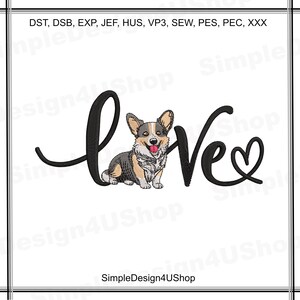 Op de afbeelding: Borduurwerk van het woord "love" in zwarte cursieve letter met een klein hartje aan het einde. Een cartoon corgi-hond zit links van het woord "love".