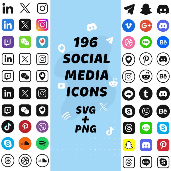 196 Social Media PNG icons SVG logos bundle of | Instagram | YouTube | X | Twitter | TikTok |