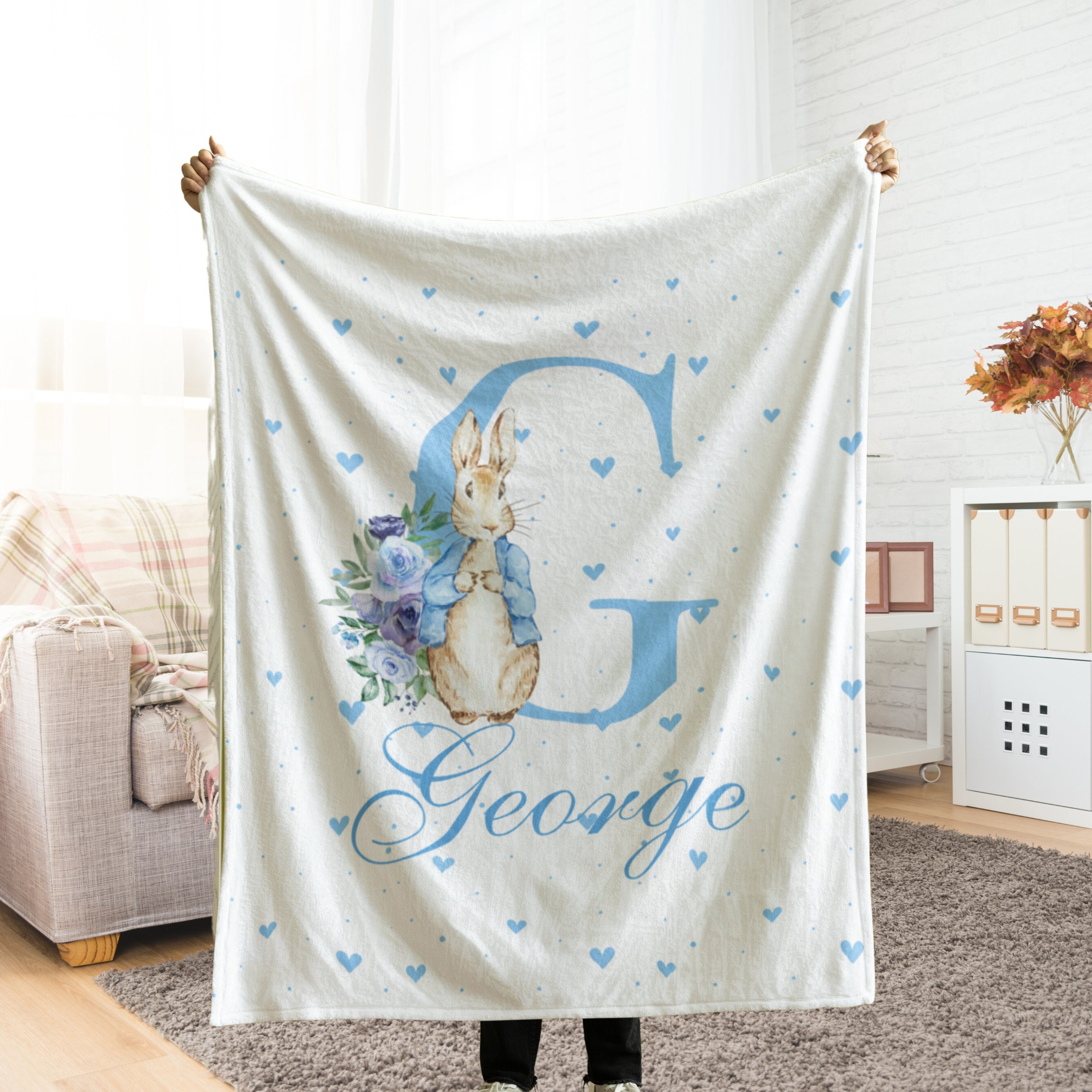 Custom Baby Name Blanket, Personalized Kids Initial Throw, Customized Easter Rabbit Bunny Gift, Baby Girl&#39;s First Easter Pink Keepsake
