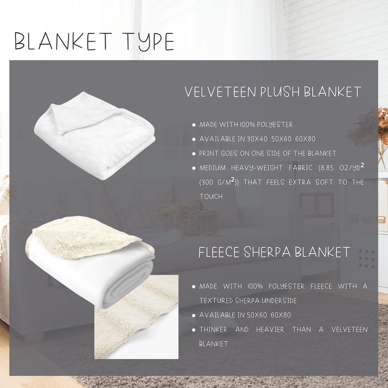 May include: Two white blankets, one with a velvety texture and one with a fleece sherpa underside. The velvety blanket is folded and the sherpa blanket is folded with the sherpa side facing out. The text "BLANKET TYPE" is at the top of the image. The text "VELVETEEN PLUSH BLANKET" is above the velvety blanket. The text "FLEECE SHERPA BLANKET" is above the sherpa blanket. The text below each blanket describes the material and size options.
