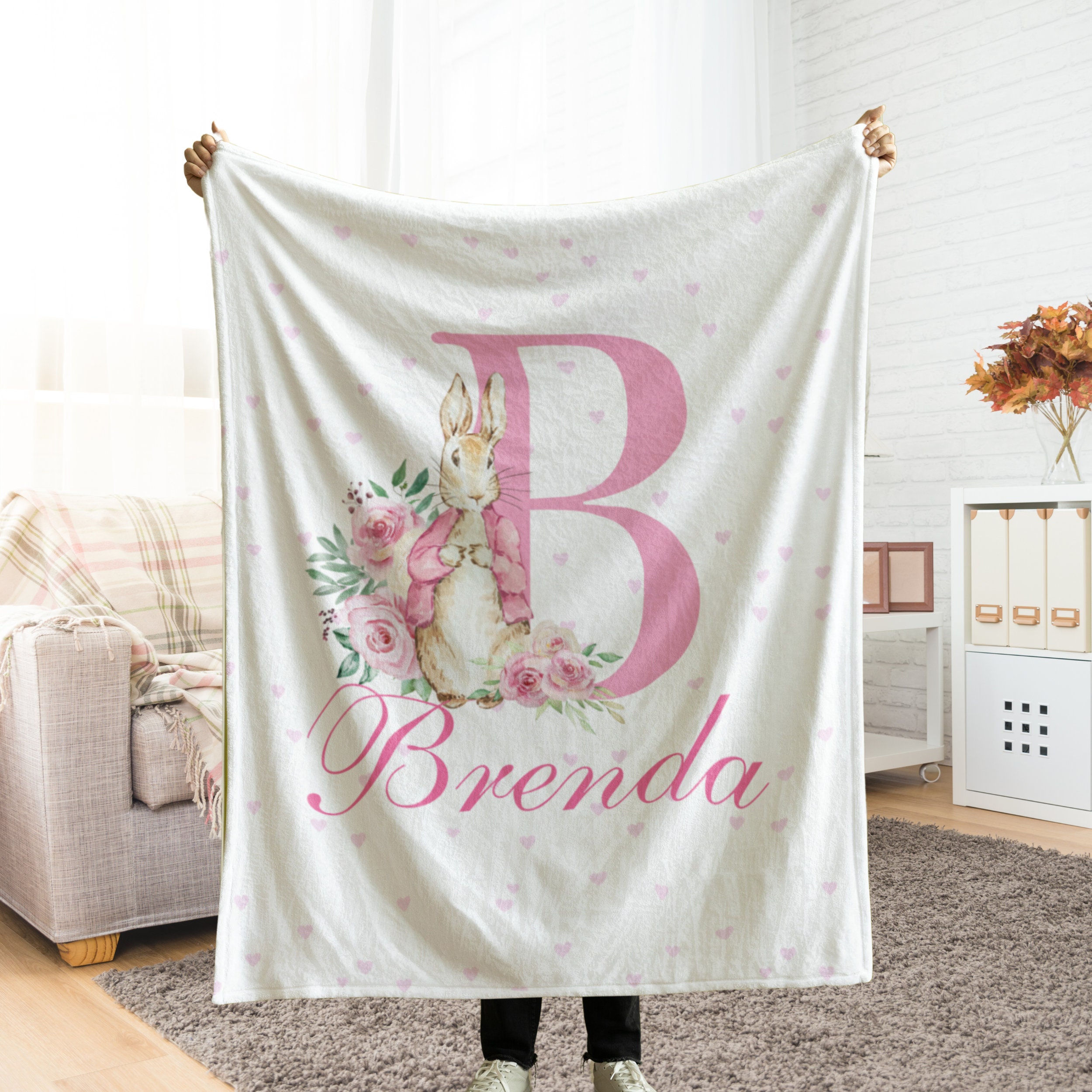 Custom Baby Name Blanket, Personalized Kids Initial Throw, Customized Easter Rabbit Bunny Gift, Baby Girl&#39;s First Easter Pink Keepsake