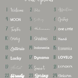 May include: A list of 24 font options, numbered 1 through 24, with each font name displayed in the corresponding style. The font names include Welcome, Photo, Affection, MOON, Sunthing, Gistesy, Twister, Halimum, one Little, Glory, Shadows, Hand, Letteria, Indonestia, Economica, Lucky, Dynamo, LOVELO, Artest, Sweet, LONDON, Brudy, Spring, and eUnicorn.