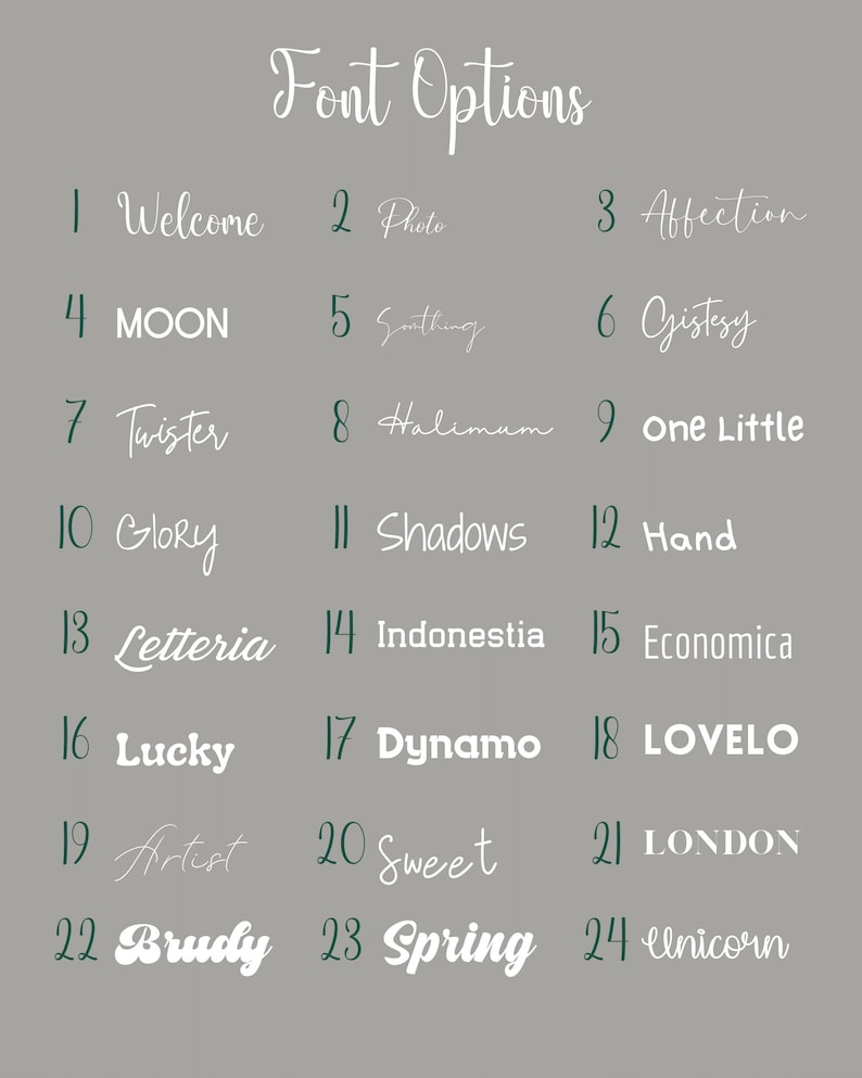 May include: A list of 24 font options, numbered 1 through 24, with each font name displayed in the corresponding style. The font names include Welcome, Photo, Affection, MOON, Sunthing, Gistesy, Twister, Halimum, one Little, Glory, Shadows, Hand, Letteria, Indonestia, Economica, Lucky, Dynamo, LOVELO, Artest, Sweet, LONDON, Brudy, Spring, and eUnicorn.