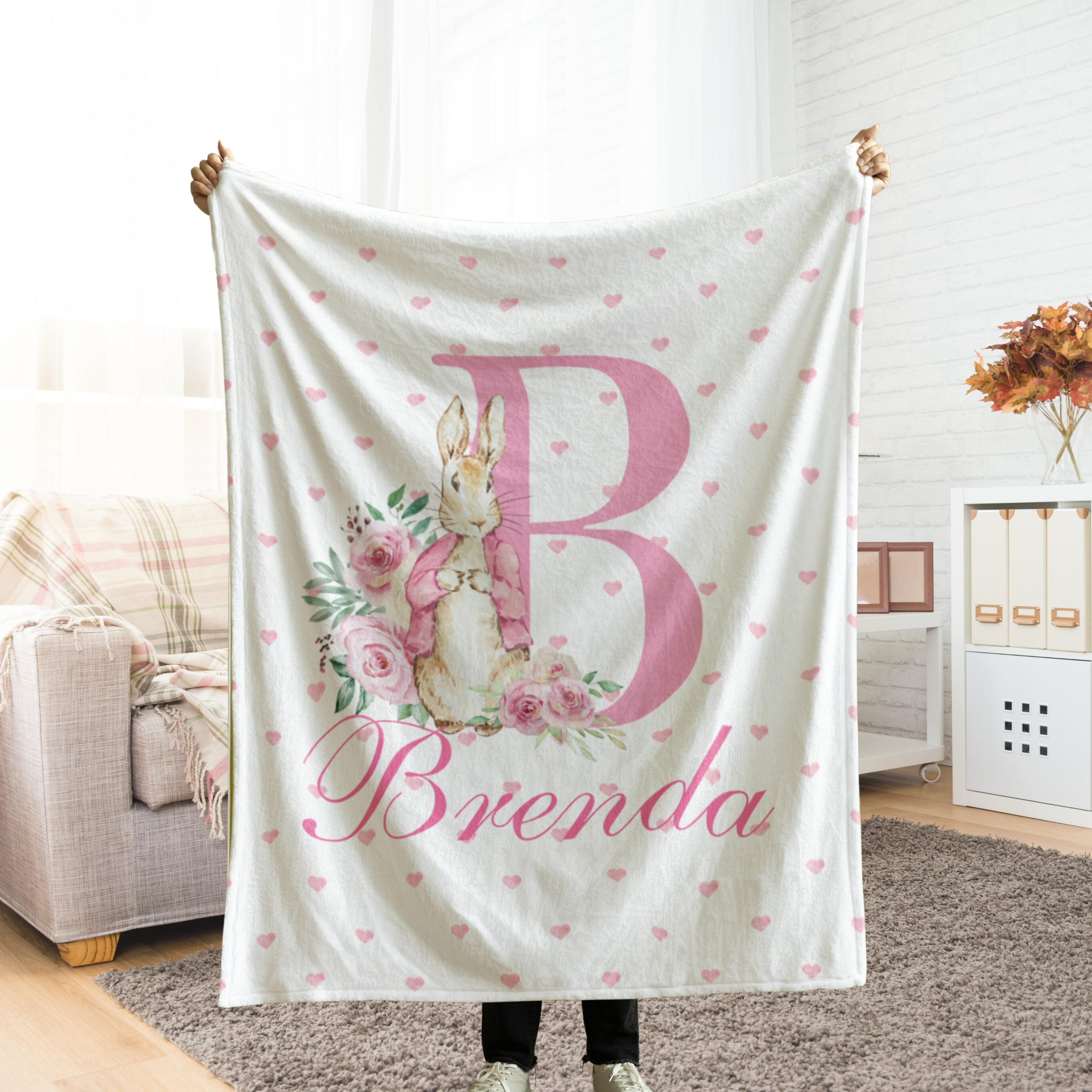 Custom Baby Name Blanket, Personalized Kids Initial Throw, Customized Easter Rabbit Bunny Gift, Baby Girl&#39;s First Easter Pink Keepsake