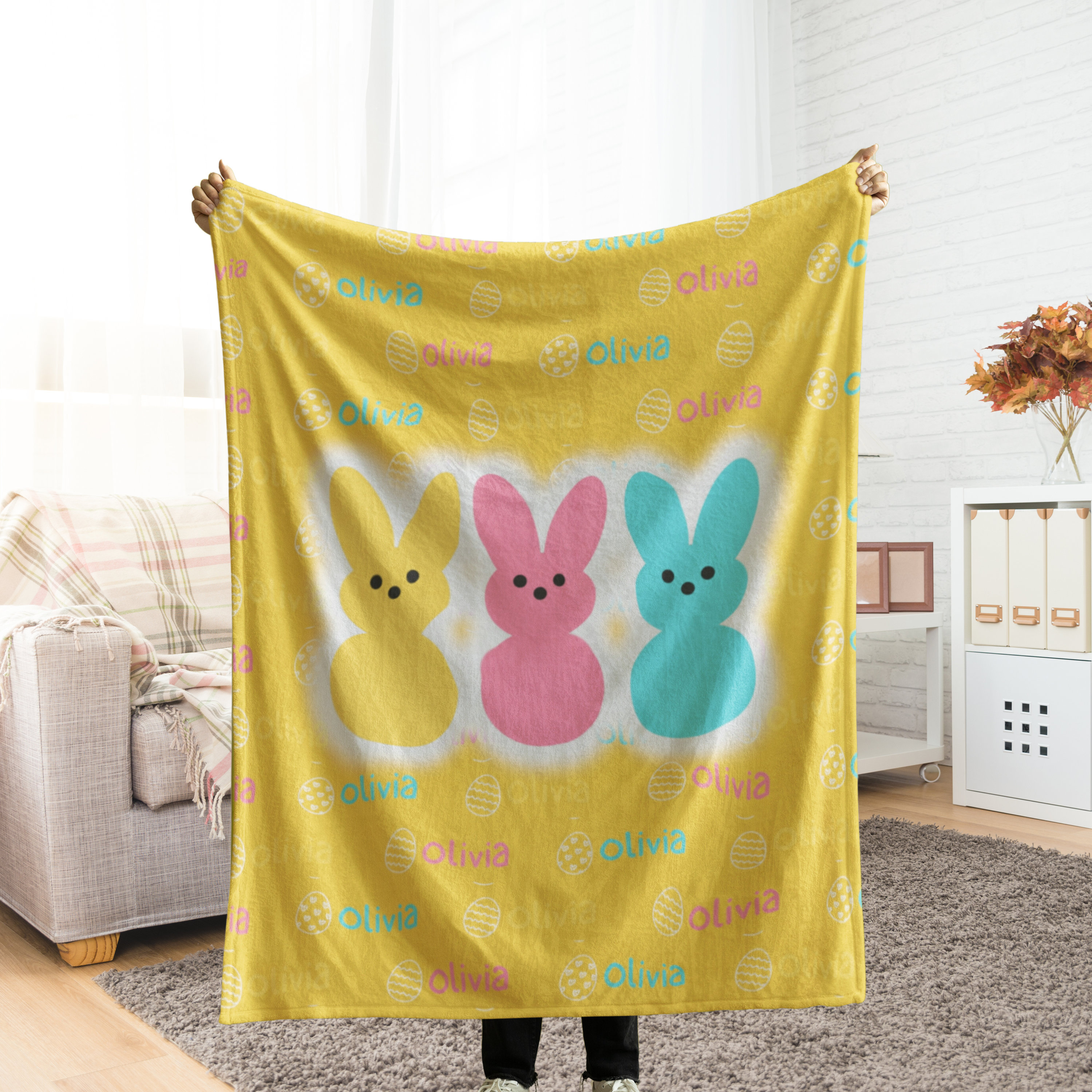 Personalized Baby Girl Blanket, Custom Easter Bunny Gift, Customized Kids Name Throw, Unique Personal Girl Blanket Gift for Easter, Birthday
