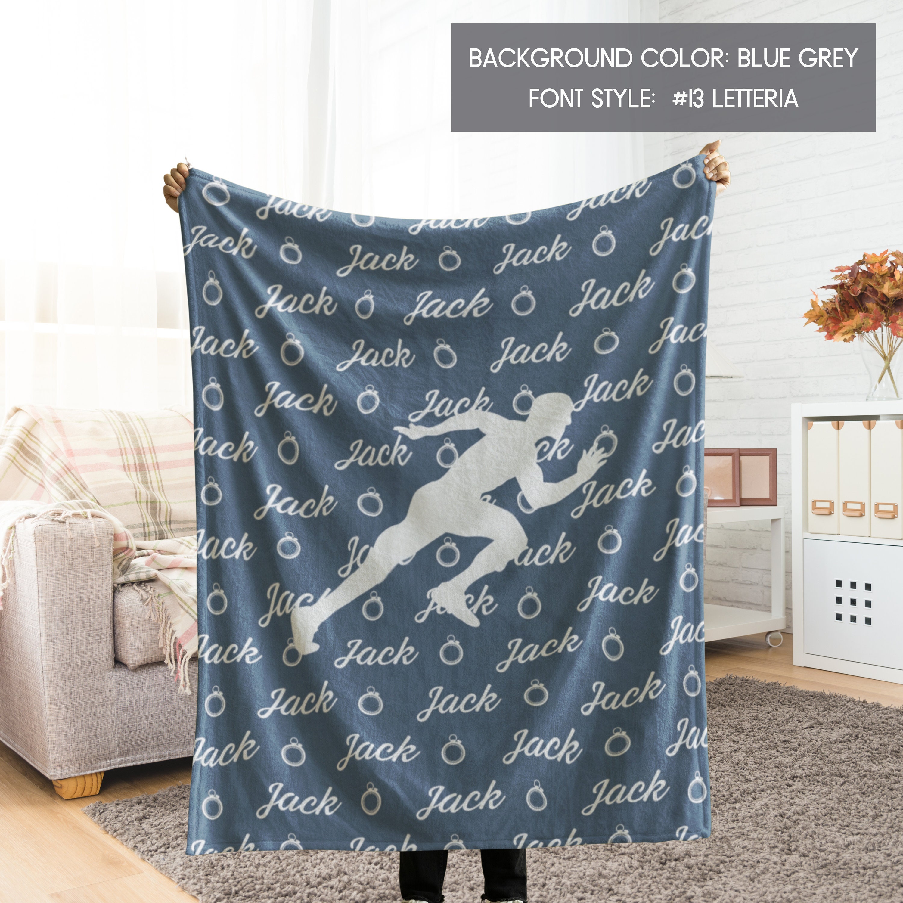 Personalized Track and Field Blanket for Son, Daughter, Grandkids, Custom Sports Blanket Throw with your Name, Color, Customize Sports Gift