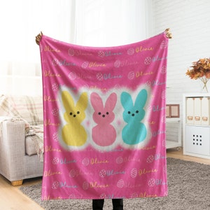 Personalized Baby Girl Blanket, Custom Easter Bunny Gift, Customized Kids Name Throw, Unique Personal Girl Blanket Gift for Easter, Birthday
