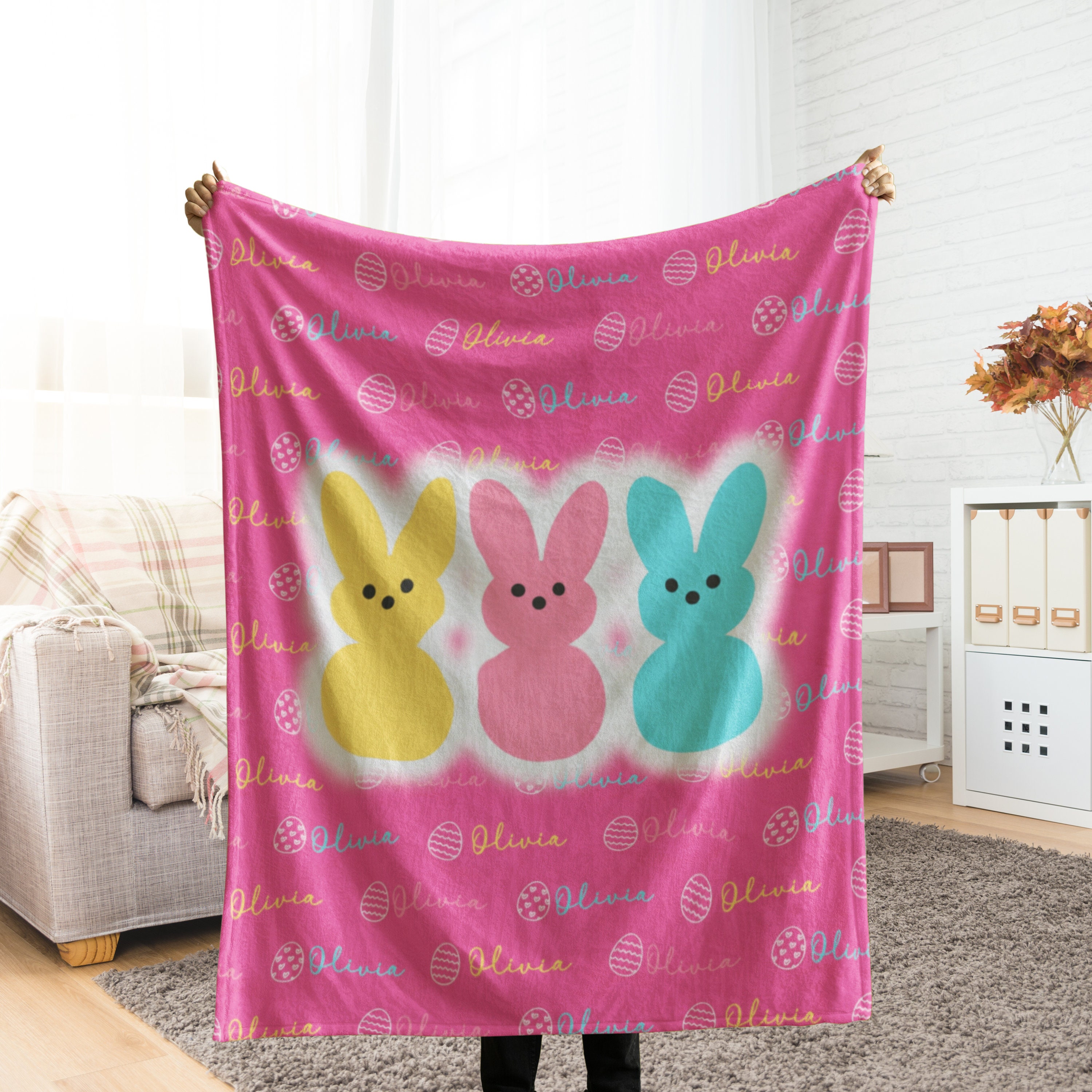 Personalized Baby Girl Blanket, Custom Easter Bunny Gift, Customized Kids Name Throw, Unique Personal Girl Blanket Gift for Easter, Birthday