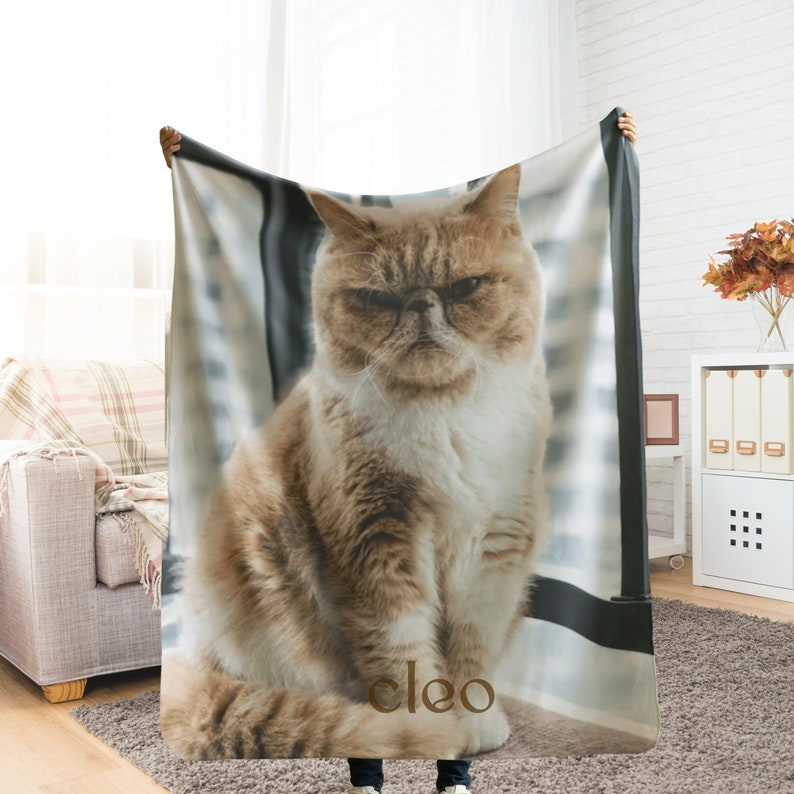 May include: A soft, plush fleece blanket featuring a close-up image of a brown and white cat with a grumpy expression. The cat is sitting on a white and black striped background. The blanket has the name "cleo" printed in brown text at the bottom.