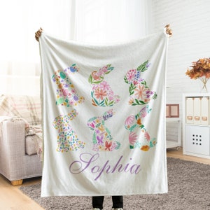 Custom Easter Blanket, Easter Bunny Baby Name Blanket, Customized Spring Flower Girl Name Throw, Personalized Kids Easter Basket Stuffers