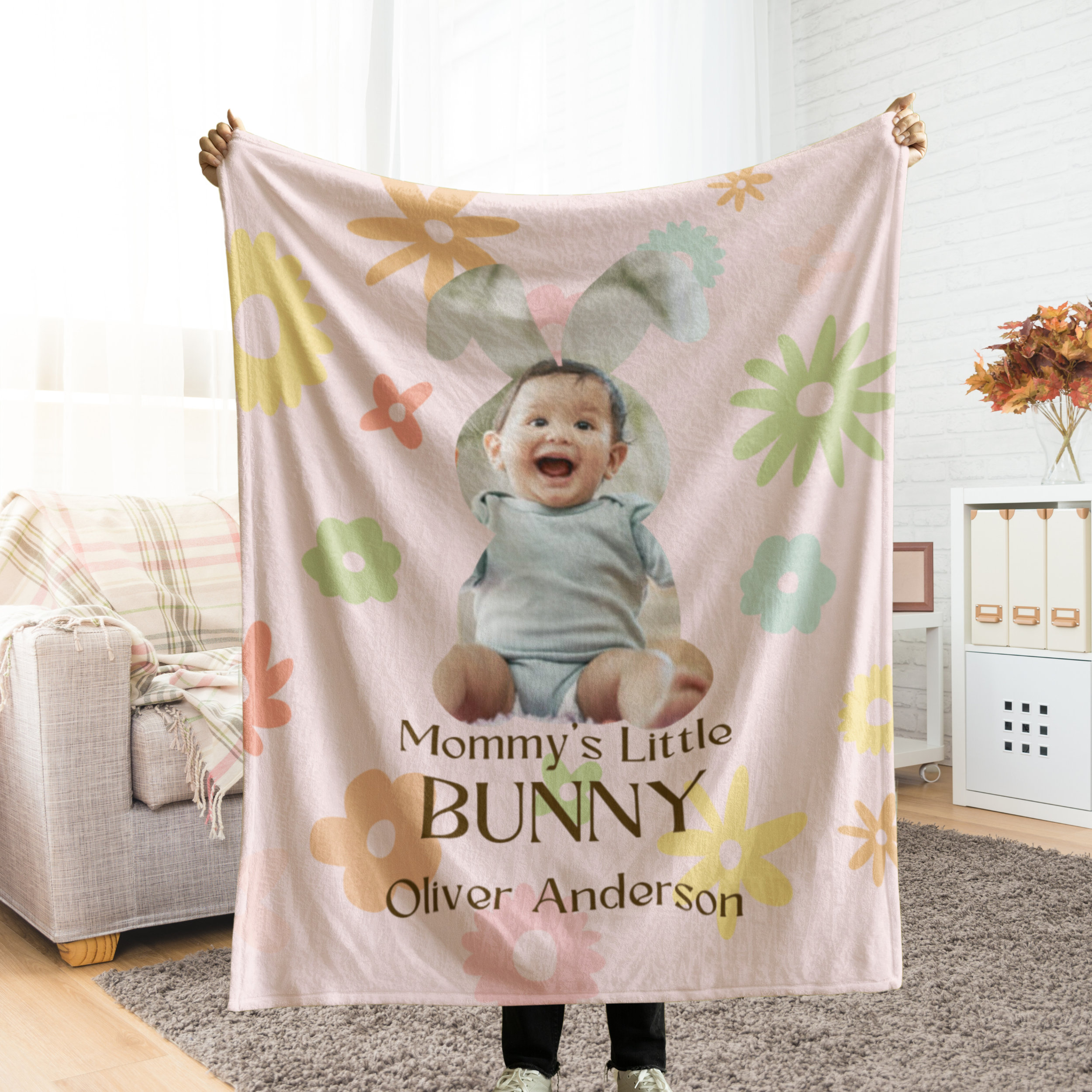 Custom Baby Photo Blanket, Personalized Kids Picture Throw, Customized Mom Gift, Grandma Blanket with Grandkids&#39; Name, Personal Easter Gift