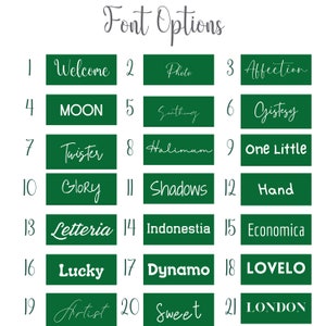 Puede incluir: Un gr&aacute;fico verde con 21 opciones de fuente numeradas del 1 al 21. Cada fuente se muestra en un rect&aacute;ngulo verde con un contorno blanco. Las fuentes son: Welcome, Photo, Affection, MOON, Smithing, Gistesy, Twister, Halimum, One Little, Glory, Shadows, Hand, Letteria, Indonestia, Economica, Lucky, Dynamo, LOVELO, Artist, Sweet, LONDON.