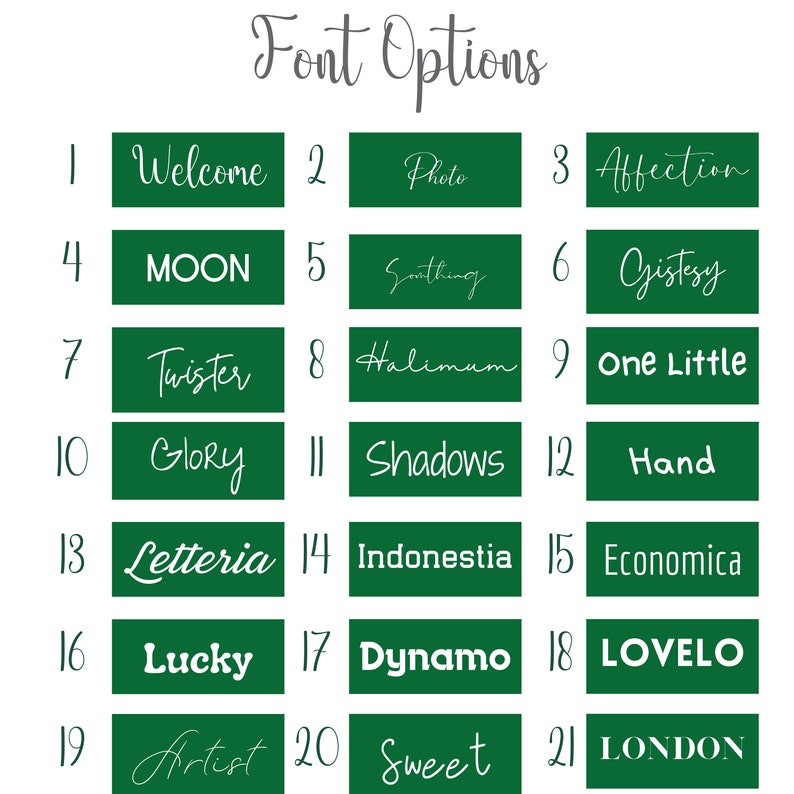 Puede incluir: Un gr&aacute;fico verde con 21 opciones de fuente numeradas del 1 al 21. Cada fuente se muestra en un rect&aacute;ngulo verde con un contorno blanco. Las fuentes son: Welcome, Photo, Affection, MOON, Smithing, Gistesy, Twister, Halimum, One Little, Glory, Shadows, Hand, Letteria, Indonestia, Economica, Lucky, Dynamo, LOVELO, Artist, Sweet, LONDON.