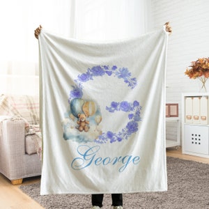 Custom Baby Name Blanket With Teddy Bear, Customized Baby&#39;s First Easter Gift, Baby Girl Name Blanket, Personalized Kids Initial Throw