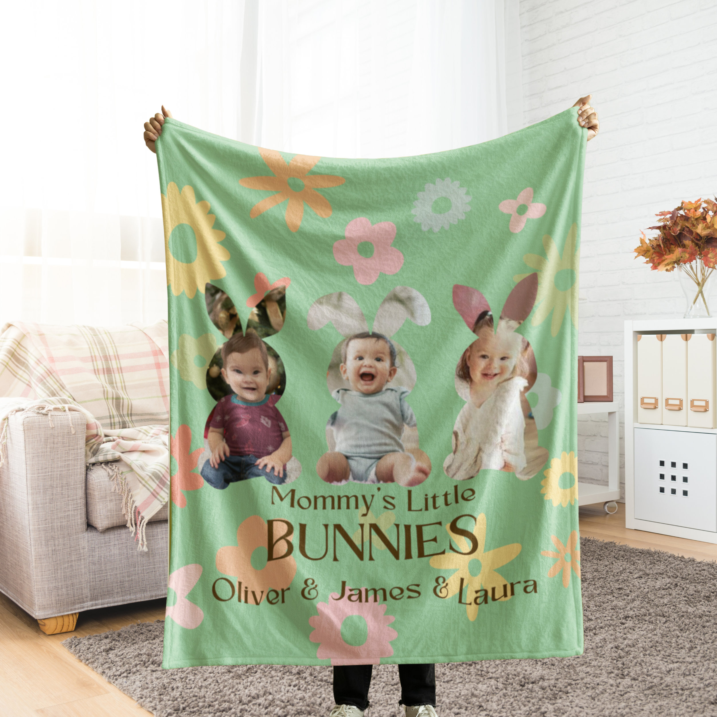 Custom Baby Photo Blanket, Personalized Kids Picture Throw, Customized Mom Gift, Grandma Blanket with Grandkids&#39; Name, Personal Easter Gift