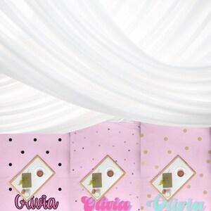 May include: Three pink and white patterned fabric panels with the name Olivia written in a retro font on each panel. The panels are decorated with black, gold, and multi-colored dots.