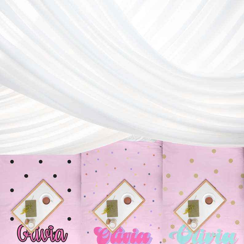 May include: Three pink and white patterned fabric panels with the name Olivia written in a retro font on each panel. The panels are decorated with black, gold, and multi-colored dots.