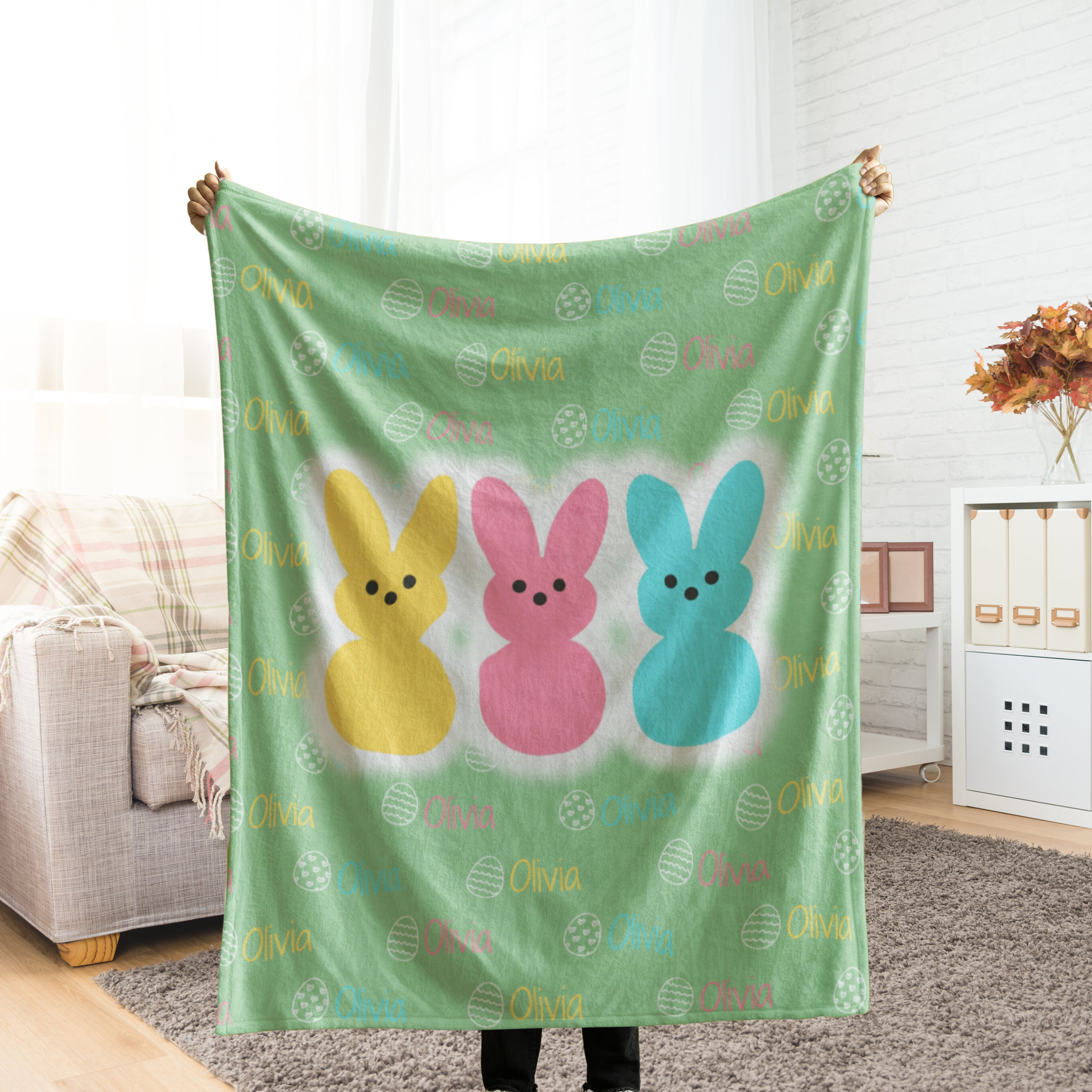 Personalized Baby Girl Blanket, Custom Easter Bunny Gift, Customized Kids Name Throw, Unique Personal Girl Blanket Gift for Easter, Birthday