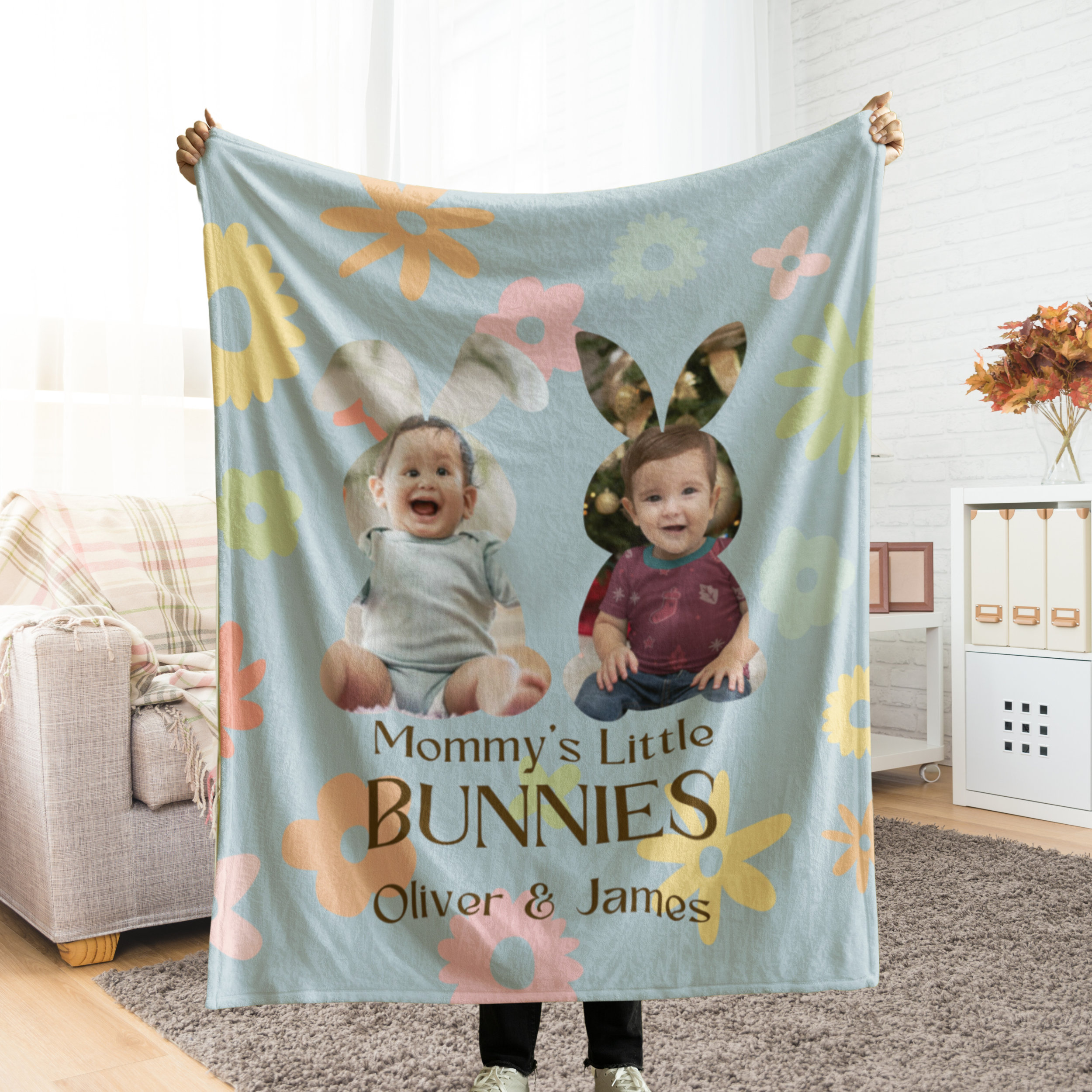 Custom Baby Photo Blanket, Personalized Kids Picture Throw, Customized Mom Gift, Grandma Blanket with Grandkids&#39; Name, Personal Easter Gift