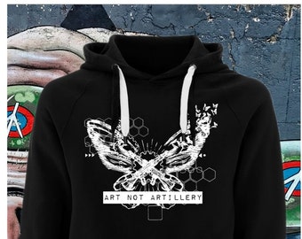 Organic Hoodie „ART NOT ARTILLERY“ – Unisex Hooded Eco Sweatshirt – Sustainably hand silkscreen printed