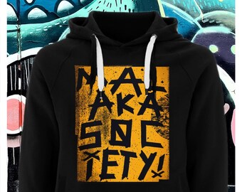 Organic Hoodie „MALAKA SOCIETY“ – Unisex Hooded Eco Sweatshirt – Sustainably hand silkscreen printed (copper-gold)