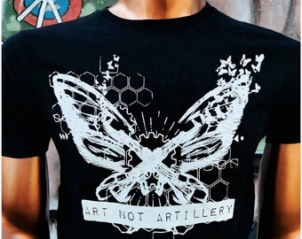 Organic T-Shirt "ART NOT ARTILLERY“ – Unisex organic cotton loose fit T-Shirt – Sustainably hand silkscreen printed-2