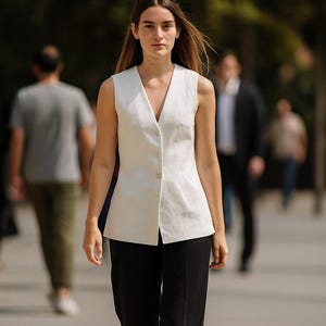 May include: A woman in a white sleeveless waistcoat with a V-neck and black trousers. The waistcoat has three buttons. She is wearing black, wide-leg trousers and black shoes. Sunglasses are on her head. Other people are blurred in the background.