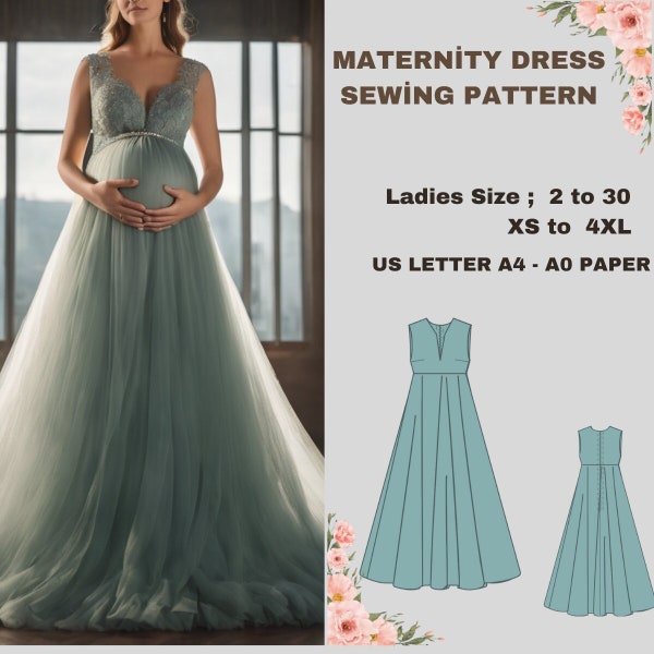 Maternity Gown Dress Sewing Pattern,Ladies Sizes ; US 2 to 30-Xs to4 XL ,Formatted A0, A4 ,US Letter Paper.