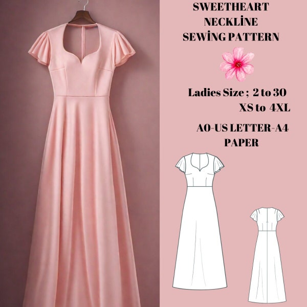 Maxi Sweetheart Neckline Dress Pattern, Summer Dress Sewing Pattern, A Line Dress