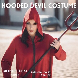 Puede incluir: Disfraz de diablo con capucha roja y un tridente. El disfraz está hecho de una tela suave y cómoda y tiene una cremallera. AO-US LETTER-A4 PAPER. Talla de mujer: 2 a 30 XS a 4XL