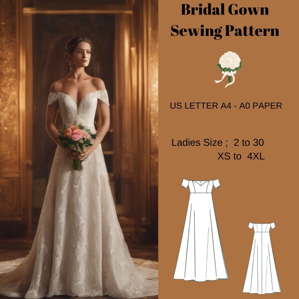 Bridal Gown Maxi Dress Sewing Pattern,range of size options US 2 to 30 and XS to 4XL,Suitable A0- A4-US Letter paper format