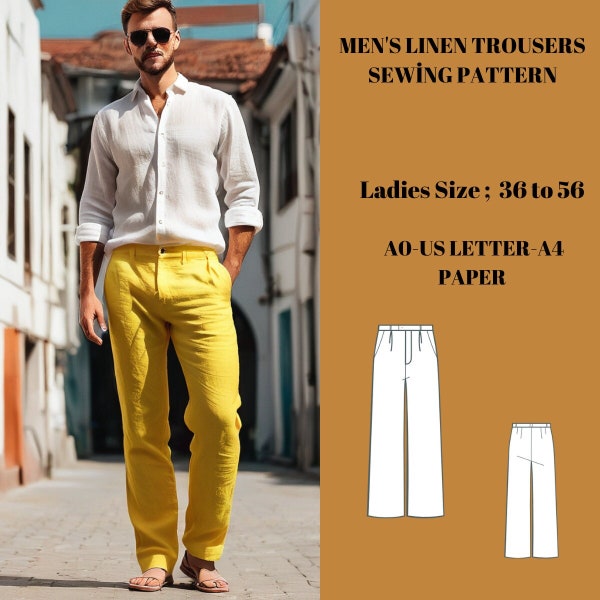 Summer men's linen trousers Sewing Pattern,Ladies Size ; US 36 to 56, A0 -A4 -US Letter