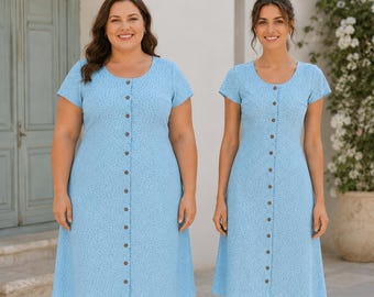 Mönster för sömnad av sommarklänning med knappar i vintagestil, PDF direktnedladdning, avslappnad midiklänning med cocktailmotiv, XS-4XL