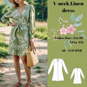 V-neck Linen Dress Sewing Pattern: Summer Casual (PDF Pattern) - Etsy