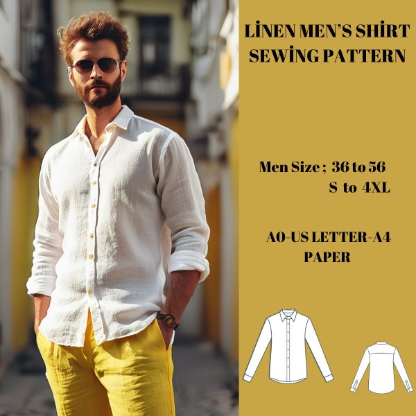 A Linen men's shirt, LİNEN  shirt Sewing Pattern,Ladies Size ; US 36 to 56, A0 -A4 -US Letter