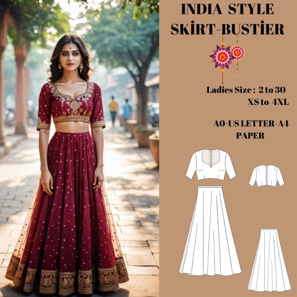 Indian style suit pattern, Skirt and Bustier pattern,Sewing Pattern,range of size options US 2 to 30 and XS to 4XL,Suitable A0- A4-US Letter