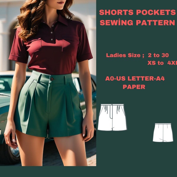 two pleated wide-leg mini shorts, Shorts Sewing Pattern US 2 to 30 | XS to4XL