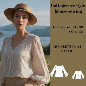Cottagecore style blouse, Ladies Size ; US 2 to 30, A0 -A4 -US Letter
