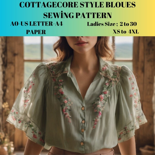 cottagecore style Blouse - shirt Sewing Pattern,Ladies Size ; US 2 to 30, A0 -A4 -US Letter