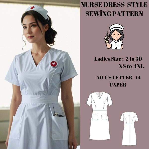 Nurse dress STYLE, V-Neck prom Dress Sewing  Pattern, Easy sewing PDF Pattern,  Short Sleeve, A4 us Letter - A0, xs to 4xl