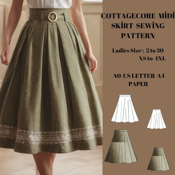 Cottagecore style Midi Rock Schnittmuster Größen; US 2 bis 30-Geeignet für -A4-US LETTER-A0