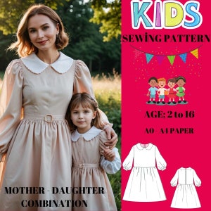 May include: A mother and daughter wearing matching beige dresses with white collars and long sleeves. The dresses have a belted waist and a flared skirt. The image includes text that says "KIDS SEWING PATTERN" and "MOTHER - DAUGHTER COMBINATION". The pattern is for ages 2 to 16.