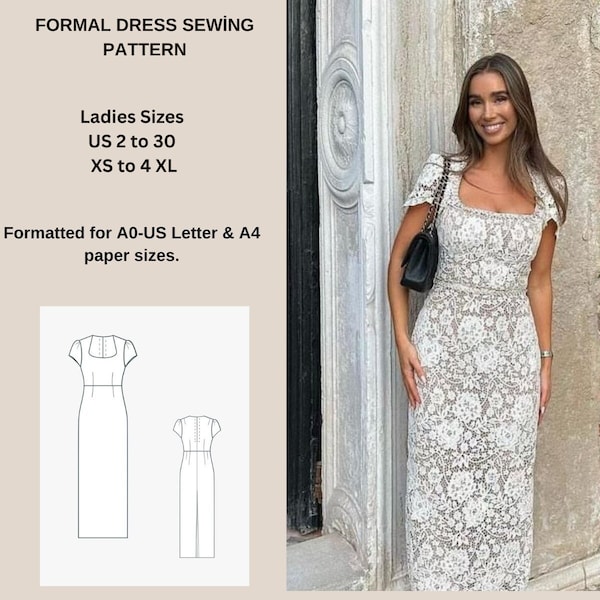 Formal Midi Dress  Sewing Pattern Sizes; US 2 to 30 // Suitable for A4-US LETTER-A0