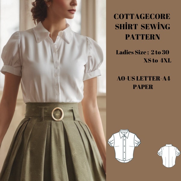 Cottagecore style Shirt Schnittmuster Größen; US 2 bis 30-Geeignet für -A4-US LETTER-A0