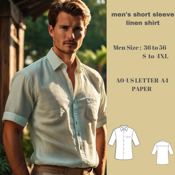 Men's Short Sleeves LİNEN  shirt Sewing Pattern,Ladies Size ; US 36 to 56, A0 -A4 -US Letter