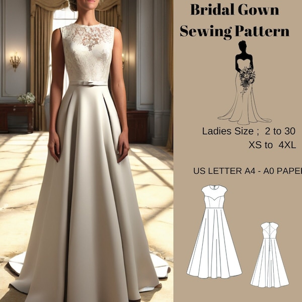 Modèle de couture de robe de mariée longue, choix de tailles 2 à 30 US et XS à 4XL, format papier A0-A4-US Letter