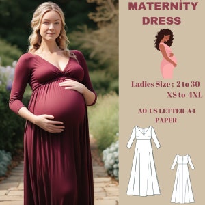 Maternity Gown Dress Sewing Pattern,Ladies Sizes ; US 2 to 30-Xs to4 XL ,Formatted A0, A4 ,US Letter Paper.