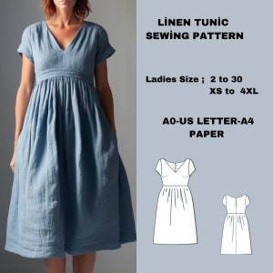 Linen Gathered Dress Sewing Pattern, V Neck dress, Gathered Dress, Overall Dress, Cottagecore dress,US 2 to 30 and XS to 4XL